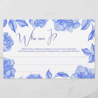 Blue Floral Bridal shower Who am I game Stationery