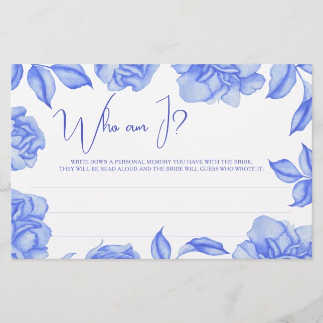 Blue Floral Bridal shower Who am I game Stationery (Front)
