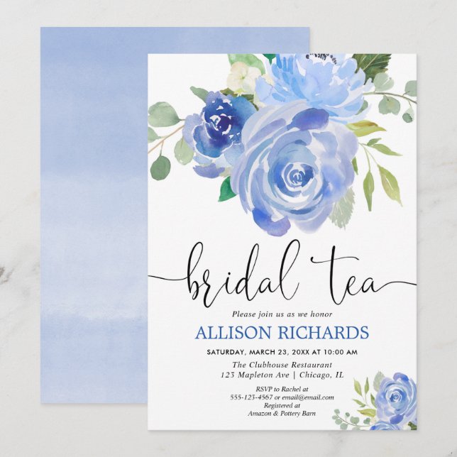 Blue floral bridal tea party invitations (Front/Back)