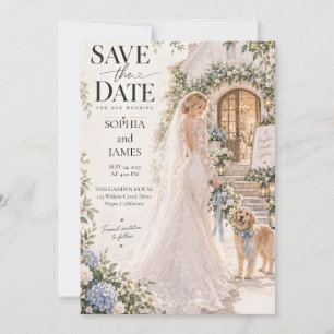 Blue Floral Bride and Dog Wedding Save the Date Invitation