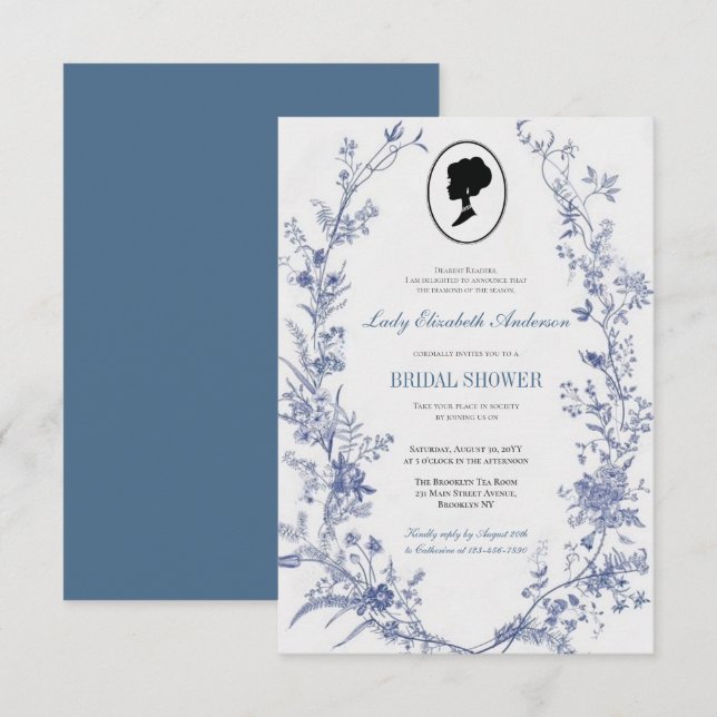 Blue floral bridge theme, wedding tea regency invitation (Front/Back)