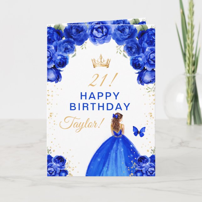 Blue Floral Brown Hair Girl Happy Birthday Card (Front)