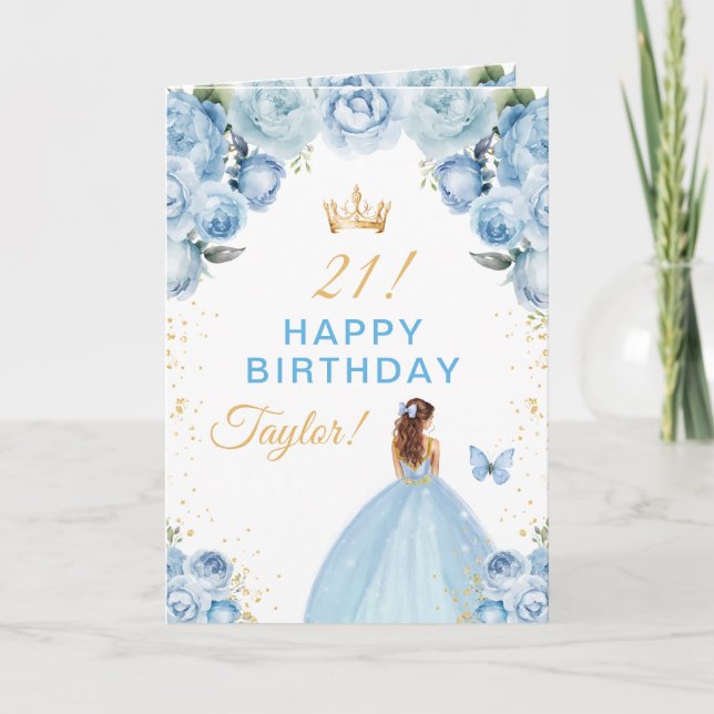 Blue Floral Brown Hair Girl Happy Birthday Card (Front)