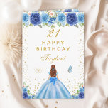 Blue Floral Brown Hair Girl Happy Birthday Card<br><div class="desc">This elegant and glamourous birthday card can be personalised with a name or title such as daughter, granddaughter, niece, friend etc. The design features a beautiful princess with brown red hair and fair skin in a blue ball gown. The text combines handwritten script and modern sans serif fonts for a...</div>