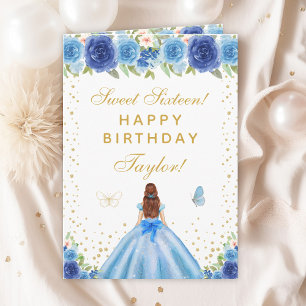 Blue Floral Brown Hair Girl Sweet Sixteen Card