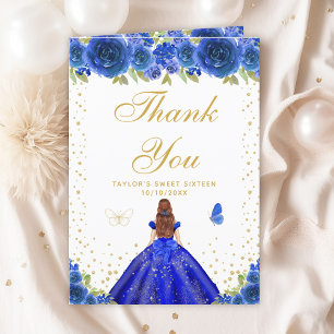 Blue Floral Brown Hair Girl Sweet Sixteen Thank You Card