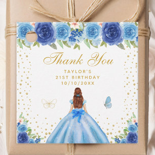 Blue Floral Brown Hair Princess Birthday Party Favour Tags
