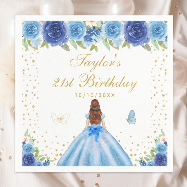 Blue Floral Brown Hair Princess Birthday Party Napkin (Creator Uploaded)