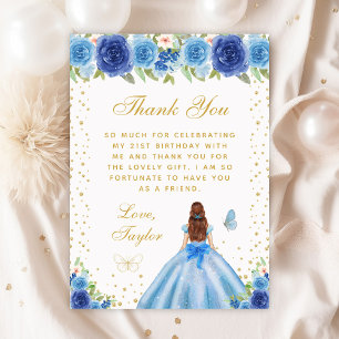 Blue Floral Brown Hair Princess Birthday Party Thank You Card