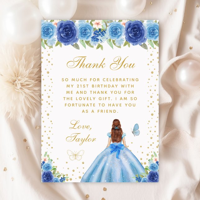Blue Floral Brown Hair Princess Birthday Party Thank You Card (Creator Uploaded)