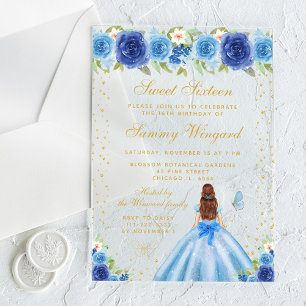 Blue Floral Brown Hair Princess Sweet Sixteen Acrylic Invitations