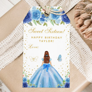 Blue Floral Brown Hair Princess Sweet Sixteen Gift Tags