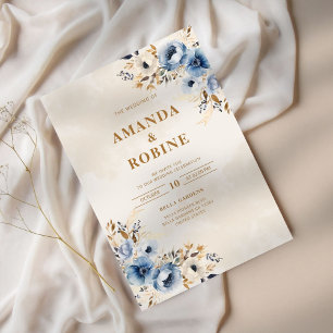 Blue Floral Brown Wedding Invitation