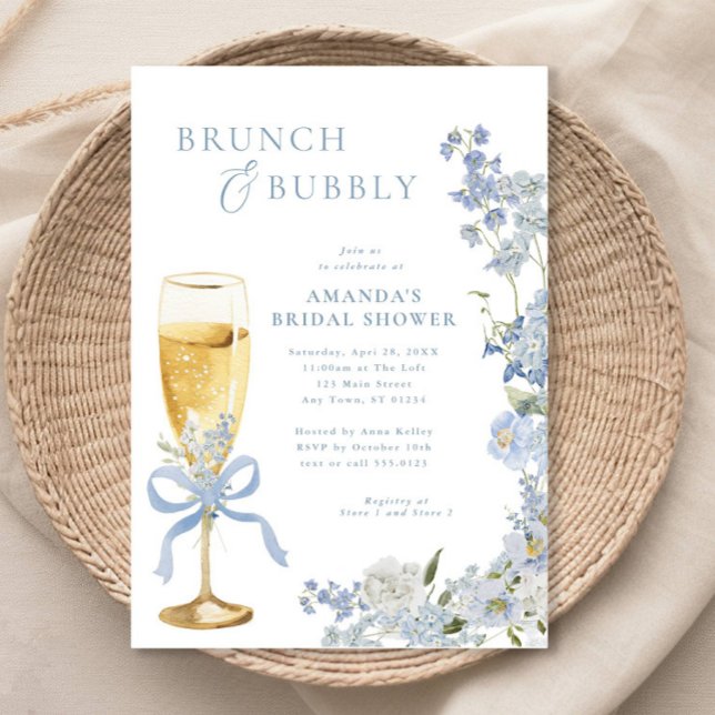Blue Floral Brunch and Bubbly Champagne Glass Invitation (Creator Uploaded)