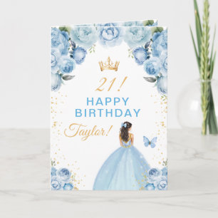 Blue Floral Brunette Hair Girl Happy Birthday Card
