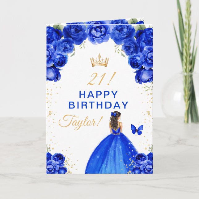 Blue Floral Brunette Hair Girl Happy Birthday Card (Front)