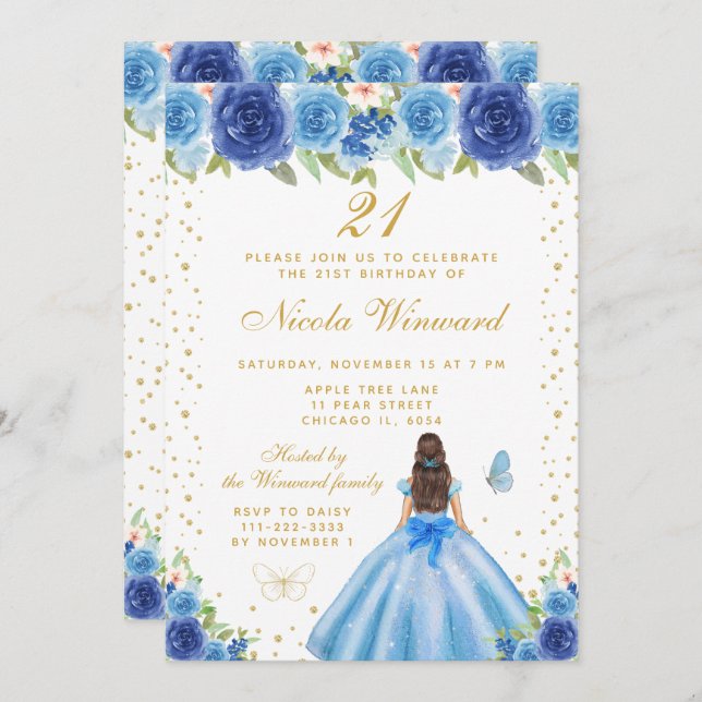 Blue Floral Brunette Hair Princess Birthday Party Invitation (Front/Back)