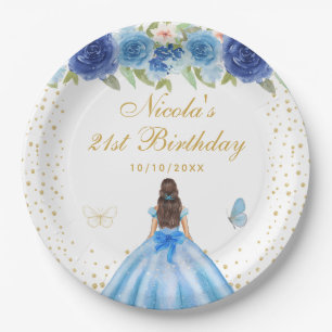 Blue Floral Brunette Hair Princess Birthday Party Paper Plate