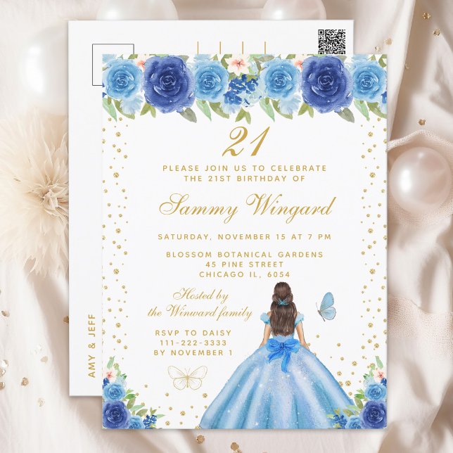 Blue Floral Brunette Hair Princess Birthday Party Postcard (Creator Uploaded)