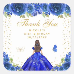 Blue Floral Brunette Hair Princess Birthday Party Square Sticker