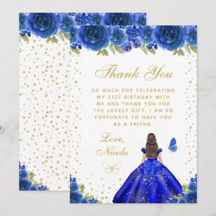 Blue Floral Brunette Hair Princess Birthday Party Thank You Card