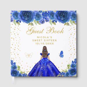 Blue Floral Brunette Hair Princess Sweet Sixteen Guest Book