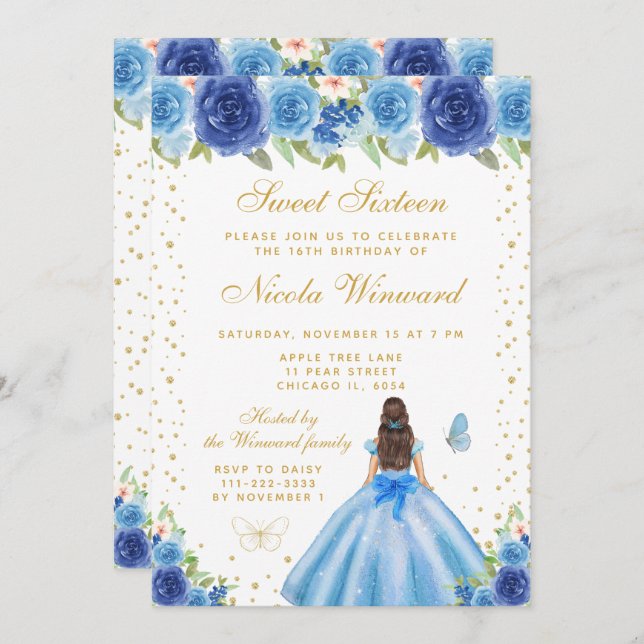 Blue Floral Brunette Hair Princess Sweet Sixteen Invitation (Front/Back)