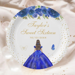 Blue Floral Brunette Hair Princess Sweet Sixteen Paper Plate