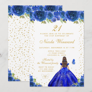 Blue Floral Brunette Princess Birthday Party Invitation