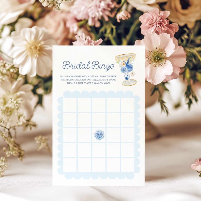 Blue Floral Bubbly Bridal Bingo Game (Blue Floral Bridal Bingo Game)
