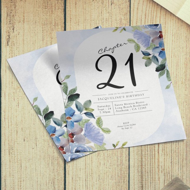 Blue Floral Budget 21st Birthday Invitation Flyer (Creator Uploaded)
