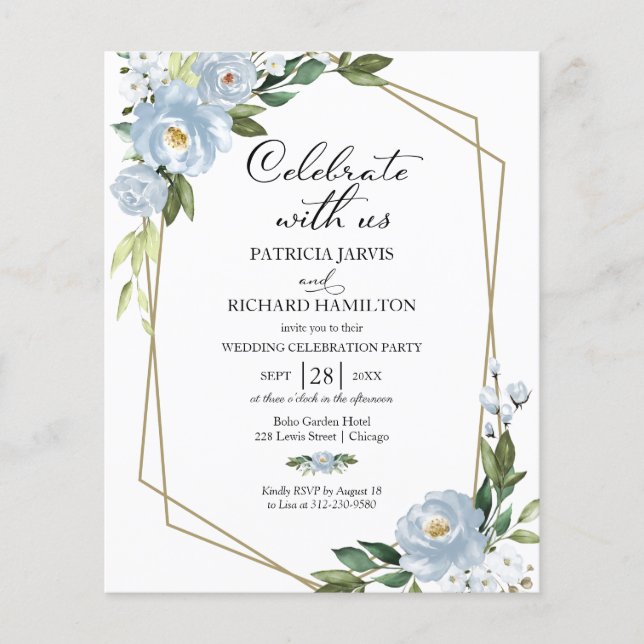 Blue Floral Budget Wedding Celebration Invitation (Front)