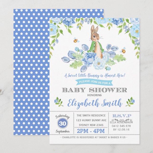 Blue Floral Bunny Baby Shower Woodland Boy Rabbit Invitation (Front/Back)