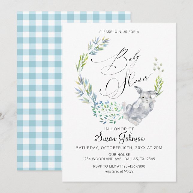 Blue Floral Bunny Calligraphy Spring Baby Shower Invitation (Front/Back)