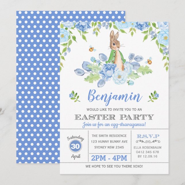Blue Floral Bunny Easter Party Watercolor Rabbit Invitation (Front/Back)