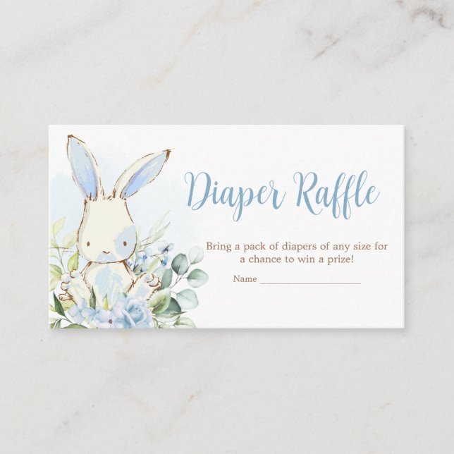 Blue Floral Bunny Rabbit Baby Shower Diaper Raffle Enclosure Card (Front)
