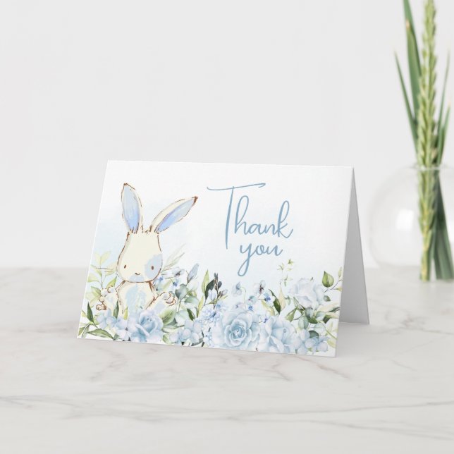 Blue Floral Bunny Rabbit Baby Shower Thank You Card (Front)