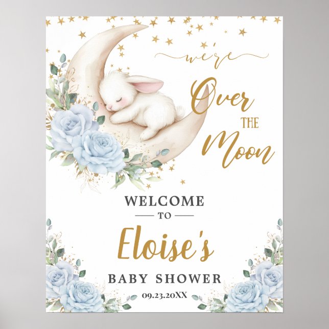 Blue Floral Bunny Rabbit Moon Baby Shower Welcome Poster (Front)