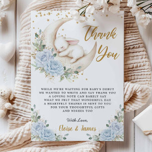 Blue Floral Bunny Rabbit Over the Moon Baby Shower Thank You Card