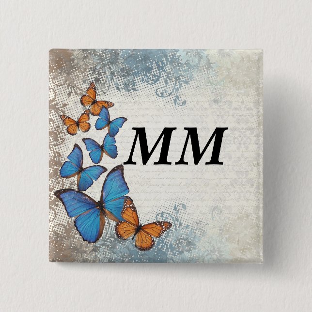 Blue floral butterflies 15 cm square badge (Front)