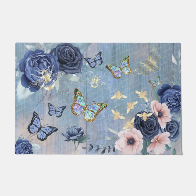 blue floral butterflies and bees doormat (Front)