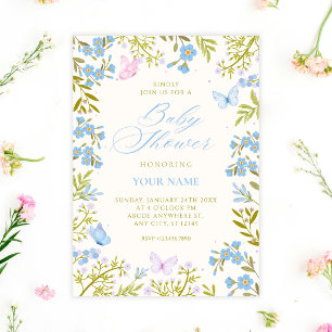 Blue floral butterflies baby shower invitation