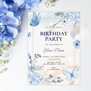 Blue floral butterflies birthday invitation