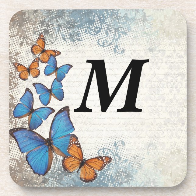 Blue floral butterflies coaster (Front)