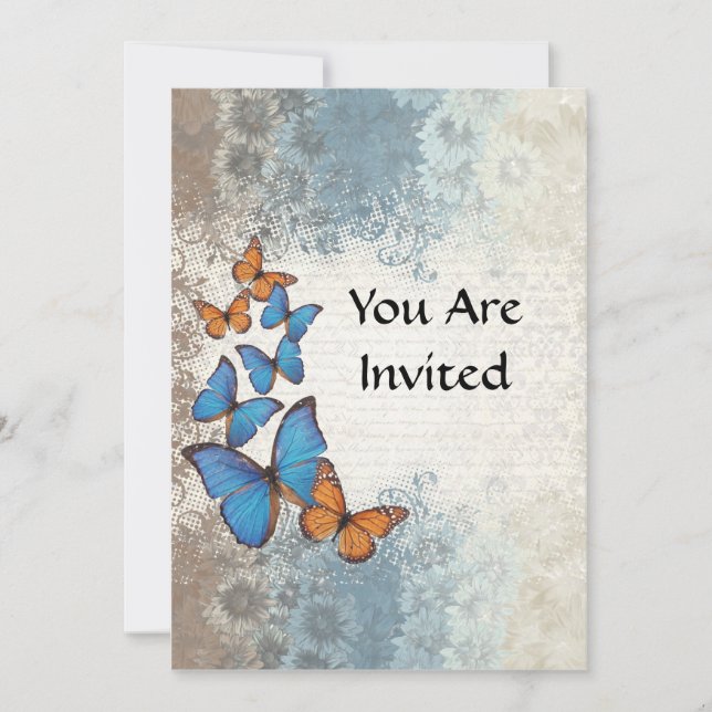 Blue floral butterflies invitation (Front)