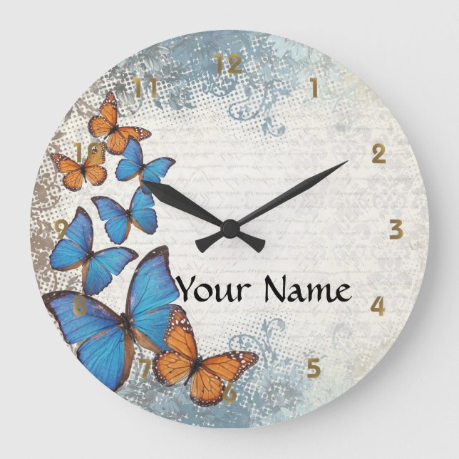 Blue floral butterflies large clock (Front)