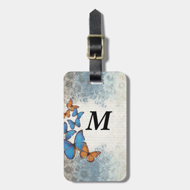 Blue floral butterflies luggage tag (Front Vertical)