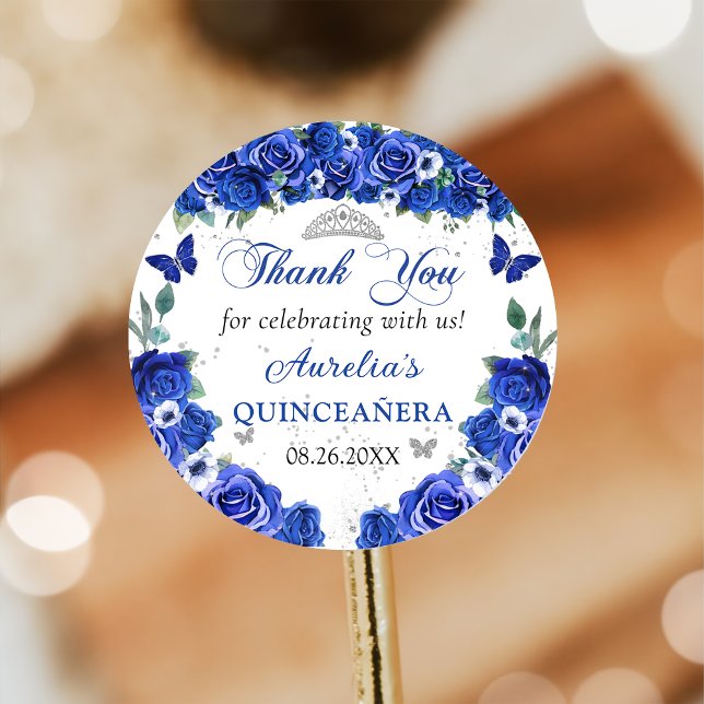 Blue Floral Butterflies Quinceañera Princess Classic Round Sticker (Creator Uploaded)