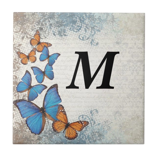 Blue floral butterflies tile (Front)