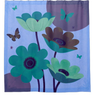 Blue Floral & Butterfly Abstract Shower Curtain